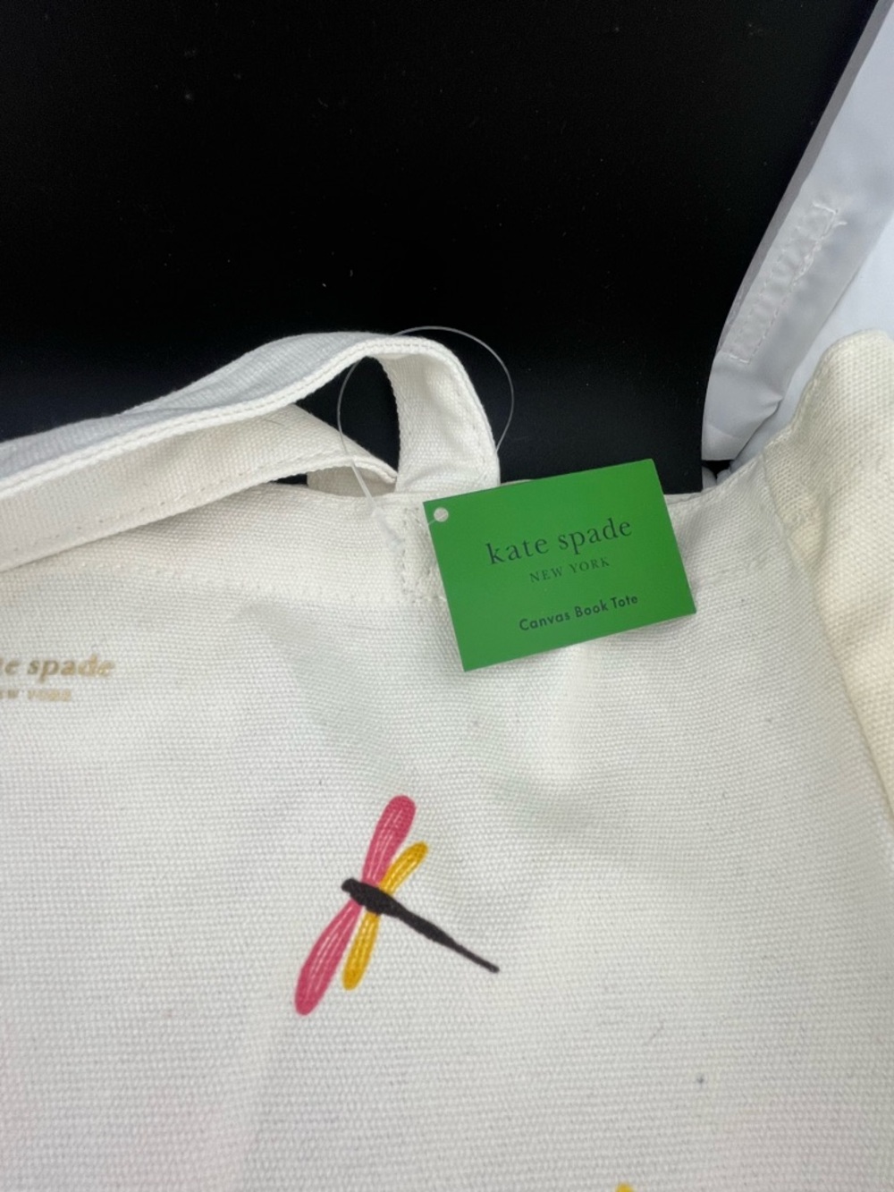 kate spade Cream Canvas Tote with Pink and Yellow Dragonfly